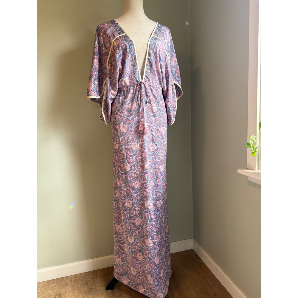Raga floral Paisley Maxi Dress Deep V-Neck Kimono Sleeve Pink Blue L boho whimsi